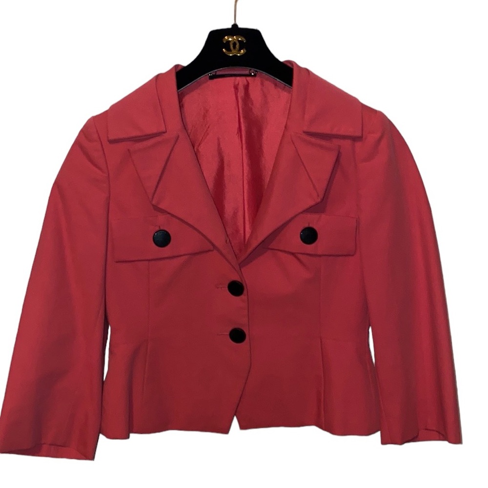 Auth Gucci Italy pink short cotton silk classic blazer jacket cropped button